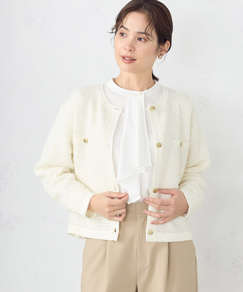 COMME CA ISM（コムサイズム）の「リボンヤーン　ツイード調　カーディガン（カーディガン/ボレロ・レディース・アイボリー/ネイビー・FREE）」の4枚目の写真