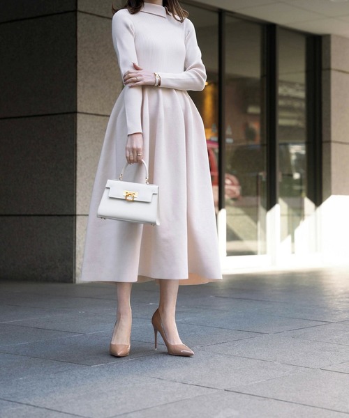 【試着のみ】自由区 ラベンダー ニットワンピース M ホールガーメント コットン HUIT bouquet（ユイット）の「衿付き ホールガーメント ニット