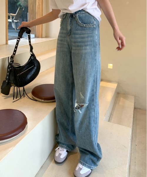 【セール】カットオフ デザイン ワイド ストレート デニム（デニムパンツ）｜kirakiraShop（キラキラショップ）