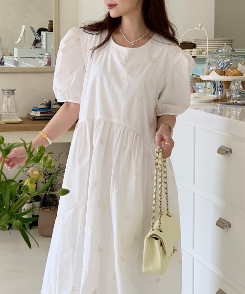 パフスリーブ ジャケット ワンピース ホワイト リボン ショップニコニコ ShopNikoNiko バックリボン パフスリーブ