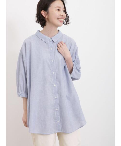 Samansa Mos2（サマンサ モスモス）の「【接触冷感】ちび襟後ろギャザー七分袖シャツ（シャツ/ブラウス・レディース・グリーン/ブラック/オフホワイト/ブルー/ピンク・F）」の4枚目の写真