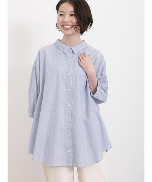 Samansa Mos2（サマンサ モスモス）の「【接触冷感】ちび襟後ろギャザー七分袖シャツ（シャツ/ブラウス・レディース・グリーン/ブラック/オフホワイト/ブルー/ピンク・F）」の6枚目の写真