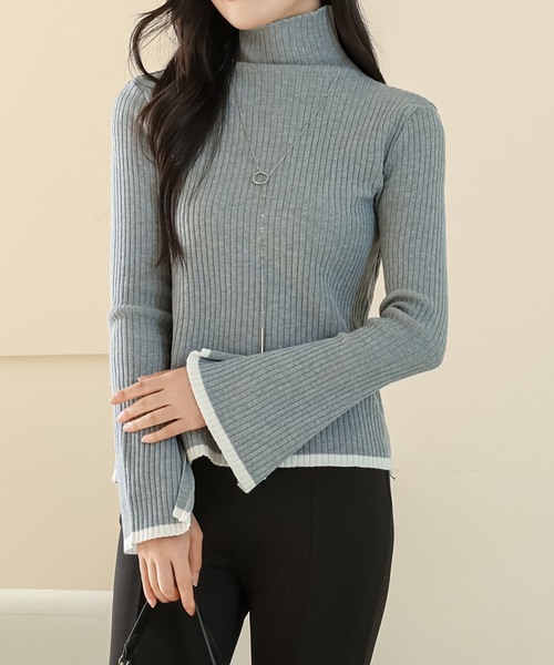 Lace Ladies(レースレディース)の「配色 ライン ハイネック 変形 リブ ニット プルオーバー(ニット/セーター・レディース・グレー/アイボリー/ブラック・FREE)」の10枚目の写真