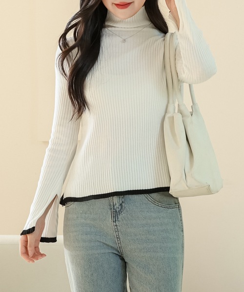 Lace Ladies(レースレディース)の「配色 ライン ハイネック 変形 リブ ニット プルオーバー(ニット/セーター・レディース・グレー/アイボリー/ブラック・FREE)」の14枚目の写真