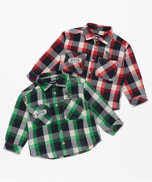 kladskap（クレードスコープ）の「【人気商品再入荷】【直営店で取り扱い無し】恐竜チェック長袖シャツ（シャツ/ブラウス・キッズ・グリーン/レッド・110cm/100cm/90cm/120cm）」の4枚目の写真