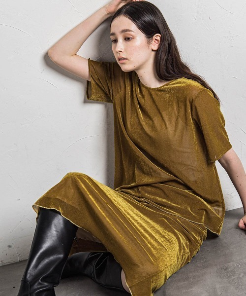 MAYSON GREY（メイソングレイ）の「シアーベロアナロースカート≪手洗い可能≫（スカート・レディース・イエロー/チャコールグレー・M）」の4枚目の写真