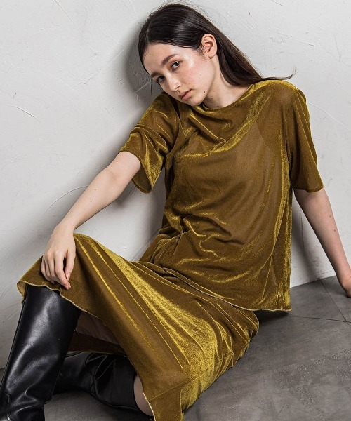 MAYSON GREY（メイソングレイ）の「シアーベロアナロースカート≪手洗い可能≫（スカート・レディース・イエロー/チャコールグレー・M）」の5枚目の写真