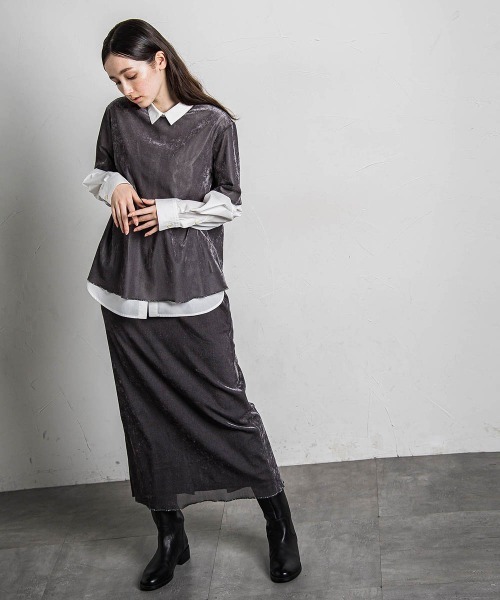 MAYSON GREY（メイソングレイ）の「シアーベロアナロースカート≪手洗い可能≫（スカート・レディース・イエロー/チャコールグレー・M）」の13枚目の写真
