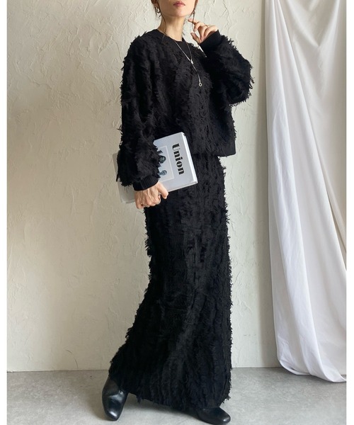 She's Closet（シーズクローゼット）の「ウェーブ柄ミックスフリンジジャガードハイウエストニットタイトロングスカート（スカート・レディース・アイボリー/ブラックミックス/グレー/ブラック/ネイビー/ブラウン・FREE）」の12枚目の写真