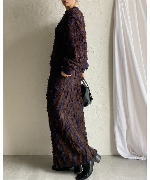 セール】ウェーブ柄ミックスフリンジジャガードハイウエストニット