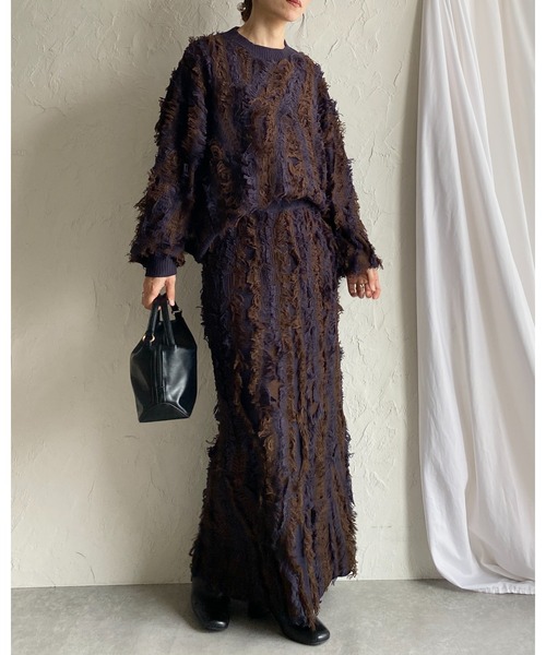 セール】ウェーブ柄ミックスフリンジジャガードハイウエストニット