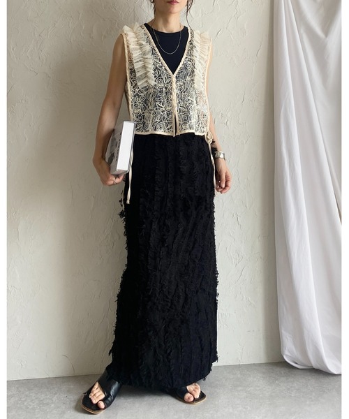 She's Closet（シーズクローゼット）の「ウェーブ柄ミックスフリンジジャガードハイウエストニットタイトロングスカート（スカート・レディース・アイボリー/ブラックミックス/グレー/ブラック/ネイビー/ブラウン・FREE）」の18枚目の写真