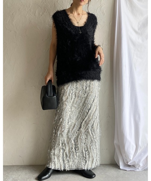 She's Closet（シーズクローゼット）の「ウェーブ柄ミックスフリンジジャガードハイウエストニットタイトロングスカート（スカート・レディース・アイボリー/ブラックミックス/グレー/ブラック/ネイビー/ブラウン・FREE）」の22枚目の写真