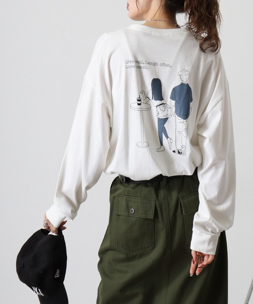 FUNALIVE（ファンアライブ）の「Cotton back print crew neck long sleeve T-shirt / バックプリントオーバーTシャツ unisex（Tシャツ/カットソー・メンズ・ブラック/ホワイト系1/ホワイト系2/オフホワイト/ブラック系2/ホワイト系3/ブラック系4/ブラック系1/ホワイト系4/ライトグリーン/ラベンダー/ネイビー/ミント/チャコール/ベージュ/ネイビー系1/グレー系1/ブラック系3/杢グレー/スカイブルー・M/L/XL）」の3枚目の写真