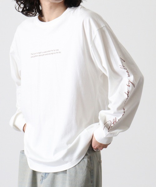 FUNALIVE（ファンアライブ）の「Cotton back print crew neck long sleeve T-shirt / バックプリントオーバーTシャツ unisex（Tシャツ/カットソー・メンズ・ブラック/ホワイト系1/ホワイト系2/オフホワイト/ブラック系2/ホワイト系3/ブラック系4/ブラック系1/ホワイト系4/ライトグリーン/ラベンダー/ネイビー/ミント/チャコール/ベージュ/ネイビー系1/グレー系1/ブラック系3/杢グレー/スカイブルー・M/L/XL）」の6枚目の写真