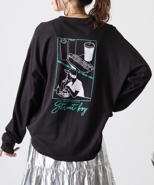 FUNALIVE（ファンアライブ）の「Cotton back print crew neck long sleeve T-shirt / バックプリントオーバーTシャツ unisex（Tシャツ/カットソー・メンズ・ブラック/ホワイト系1/ホワイト系2/オフホワイト/ブラック系2/ホワイト系3/ブラック系4/ブラック系1/ホワイト系4/ライトグリーン/ラベンダー/ネイビー/ミント/チャコール/ベージュ/ネイビー系1/グレー系1/ブラック系3/杢グレー/スカイブルー・M/L/XL）」の8枚目の写真