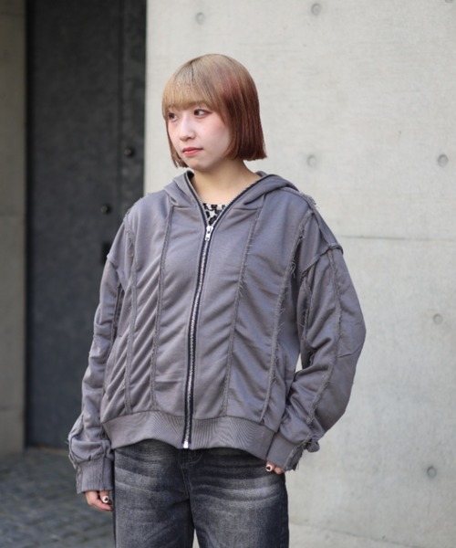 【セール】≪フリーサイズ/UNISEX≫クロップド フリンジ ジップショートパーカー（パーカー）｜ATMARK（アットマーク）