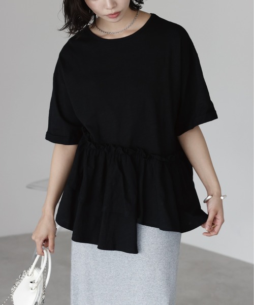 SOTT(ソット)の「Frill hem T-shirt フリルヘムTシャツ(Tシャツ/カットソー・レディース・ブラック/オフホワイト・FREE)」の2枚目の写真