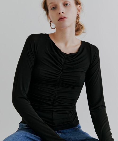 kiehtova（キエトヴァ）の「【kiehtova】MOIST GATHER LONG TEE/モイスト ギャザー ロング ティー（Tシャツ/カットソー・レディース・ホワイト/ブラック・FREE）」の2枚目の写真