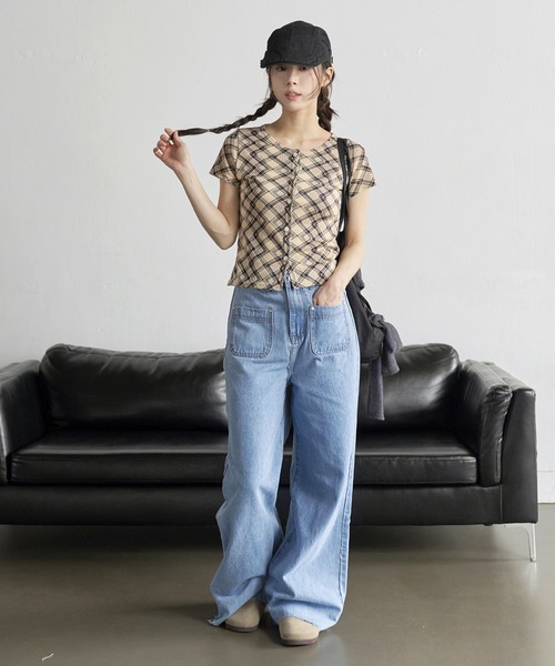 UNE MANSION（ユヌマンション）の「【UNE ORIGINAL】デイリーチェックシースールー半袖カーディガン（カーディガン/ボレロ・レディース・アイボリー/ブラック/ベージュ/イエロー・FREE）」の8枚目の写真