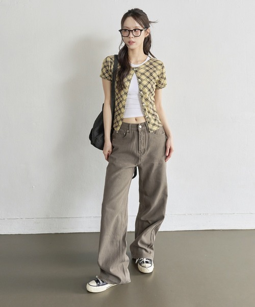 UNE MANSION（ユヌマンション）の「【UNE ORIGINAL】デイリーチェックシースールー半袖カーディガン（カーディガン/ボレロ・レディース・アイボリー/ブラック/ベージュ/イエロー・FREE）」の10枚目の写真