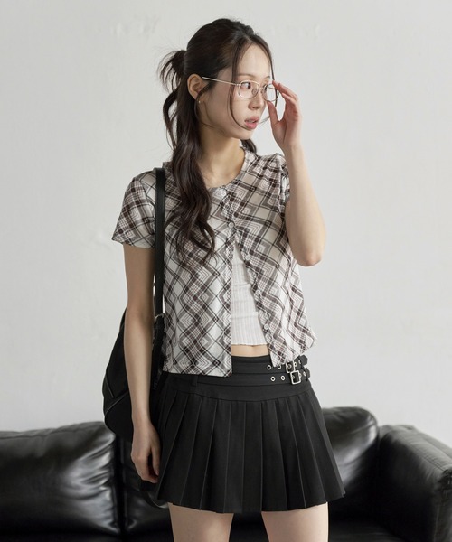 UNE MANSION（ユヌマンション）の「【UNE ORIGINAL】デイリーチェックシースールー半袖カーディガン（カーディガン/ボレロ・レディース・アイボリー/ブラック/ベージュ/イエロー・FREE）」の12枚目の写真