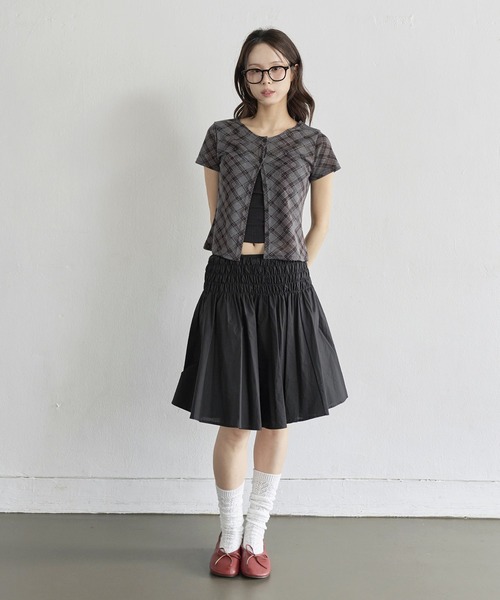 UNE MANSION（ユヌマンション）の「【UNE ORIGINAL】デイリーチェックシースールー半袖カーディガン（カーディガン/ボレロ・レディース・アイボリー/ブラック/ベージュ/イエロー・FREE）」の16枚目の写真