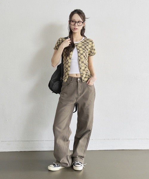 UNE MANSION（ユヌマンション）の「【UNE ORIGINAL】デイリーチェックシースールー半袖カーディガン（カーディガン/ボレロ・レディース・アイボリー/ブラック/ベージュ/イエロー・FREE）」の19枚目の写真