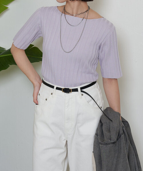 Jena espace merveilleux（ジェナ　エスパスメルヴェイユ）の「半袖リブニット（ニット/セーター・レディース・バイオレット/オフホワイト/ブラック・FREE）」の3枚目の写真