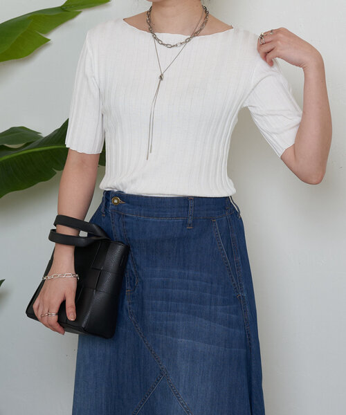 Jena espace merveilleux（ジェナ　エスパスメルヴェイユ）の「半袖リブニット（ニット/セーター・レディース・バイオレット/オフホワイト/ブラック・FREE）」の2枚目の写真