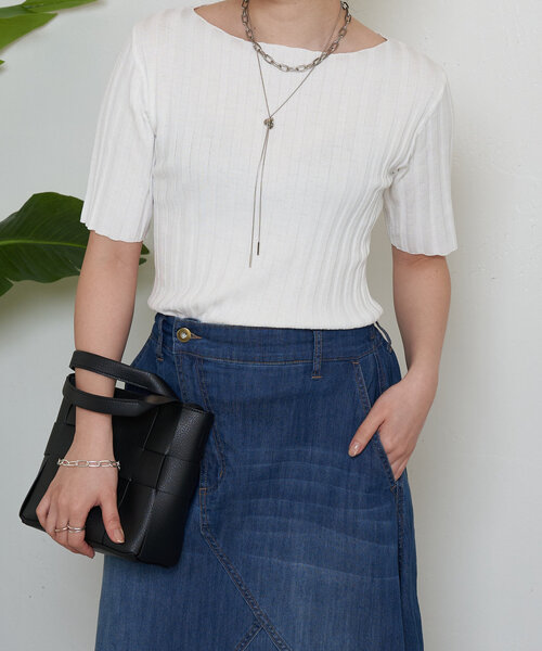 Jena espace merveilleux（ジェナ　エスパスメルヴェイユ）の「半袖リブニット（ニット/セーター・レディース・バイオレット/オフホワイト/ブラック・FREE）」の8枚目の写真