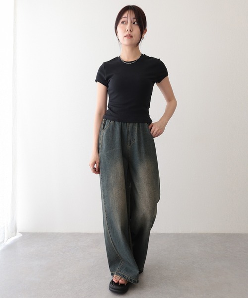 Lace Ladies(レースレディース)の「ハイウエスト ウエストゴム ワイド デニムパンツ(デニムパンツ・レディース・ネイビー/ブルー・XL/M)」の3枚目の写真