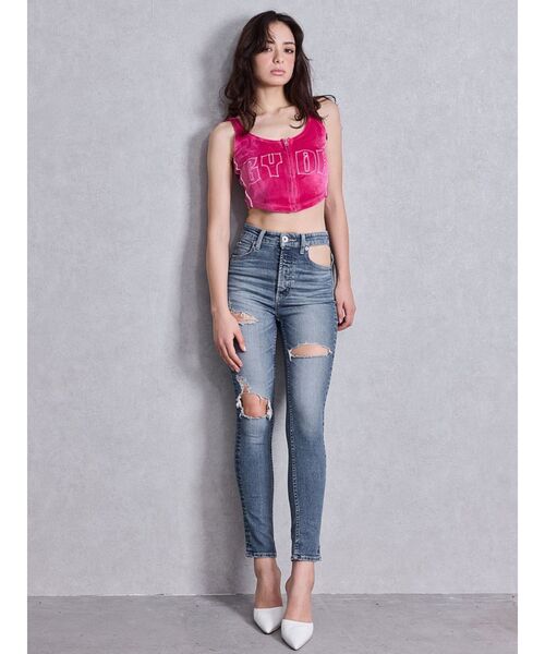 ハイウエストcut out poketダメージスキニーデニムパンツ