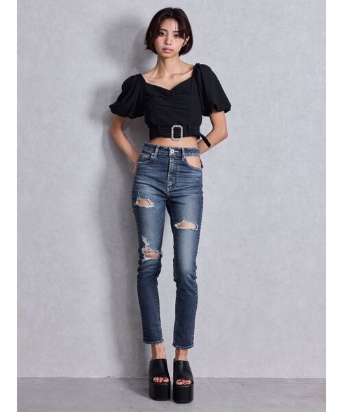 GYDA　スキニーデニム ハイウエストcut out poketダメージスキニーデニムパンツ