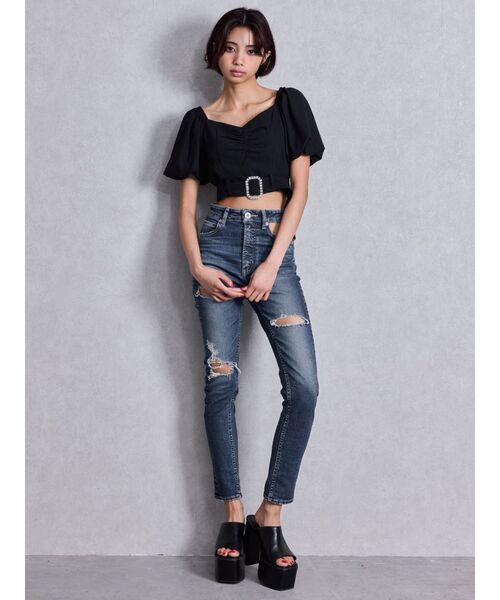 セール】ハイウエストcut out poketダメージスキニーデニム
