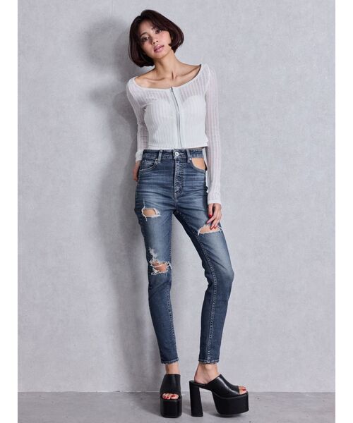 ハイウエストcut out poketダメージスキニーデニムパンツ