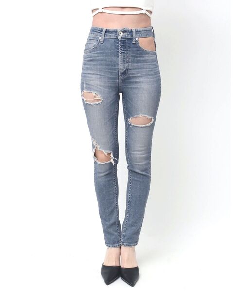 gyda ハイウエストボタンダメージスキニーデニムパンツ セール】ハイウエストcut out poketダメージスキニーデニム