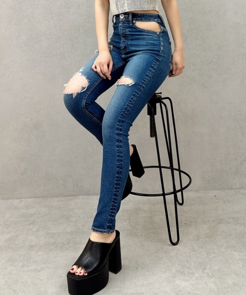 セール】ハイウエストcut out poketダメージスキニーデニムパンツ