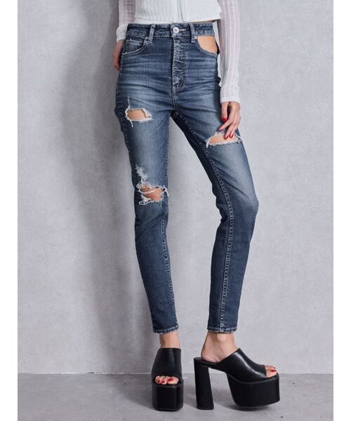 セール】ハイウエストcut out poketダメージスキニーデニムパンツ