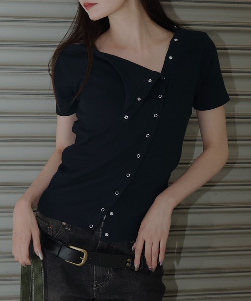 セール】2WAYアシメスナップトップス（Tシャツ/カットソー