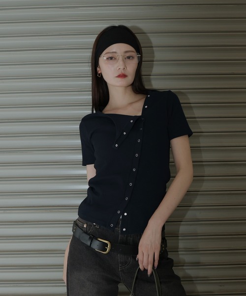 セール】2WAYアシメスナップトップス（Tシャツ/カットソー