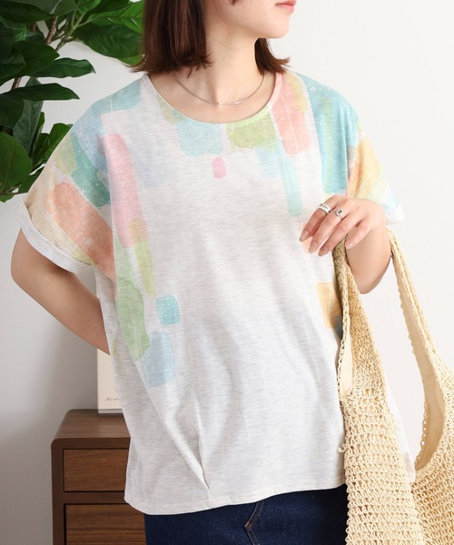 myke（ミーカ）の「myke 水彩ストライププリントタックTシャツ（Tシャツ/カットソー・レディース・オフホワイト/ホワイト×ネイビー/杢グレー・M）」の13枚目の写真