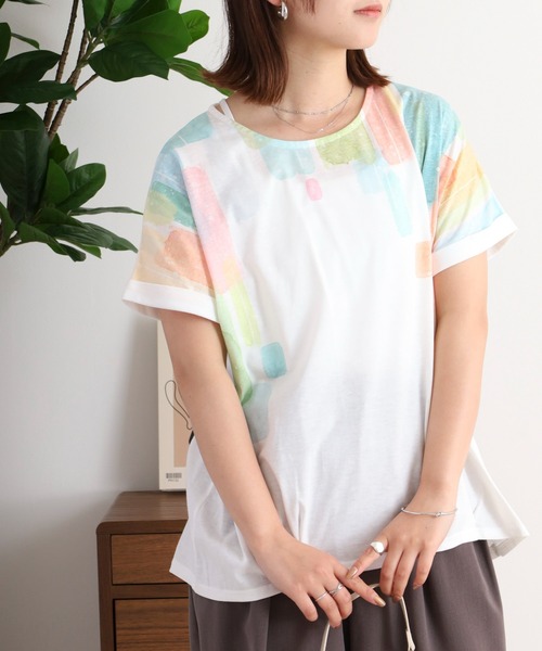myke（ミーカ）の「myke 水彩ストライププリントタックTシャツ（Tシャツ/カットソー・レディース・オフホワイト/ホワイト×ネイビー/杢グレー・M）」の16枚目の写真
