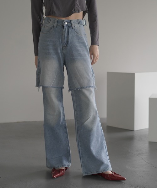 Clum(クルム)の「2Way Vintage make fake layered denim pants / 2Wayヴィンテージメイクフェイクレイヤードデニムパンツ(デニムパンツ・レディース・ブルー・SMALL/MEDIUM/LARGE)」の1枚目の写真
