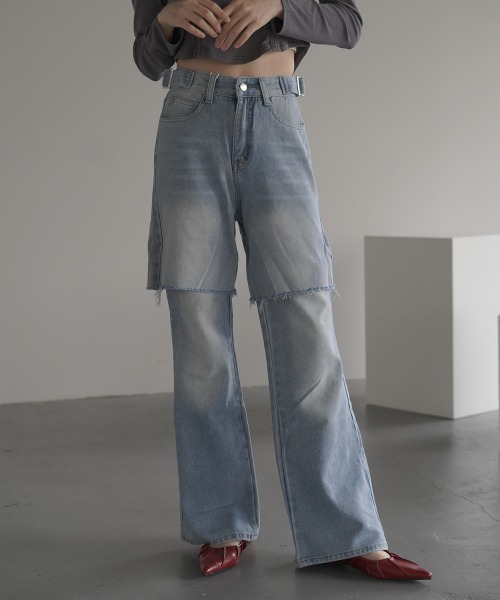Clum(クルム)の「2Way Vintage make fake layered denim pants / 2Wayヴィンテージメイクフェイクレイヤードデニムパンツ(デニムパンツ・レディース・ブルー・SMALL/MEDIUM/LARGE)」の2枚目の写真