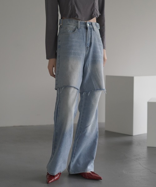 Clum(クルム)の「2Way Vintage make fake layered denim pants / 2Wayヴィンテージメイクフェイクレイヤードデニムパンツ(デニムパンツ・レディース・ブルー・SMALL/MEDIUM/LARGE)」の3枚目の写真