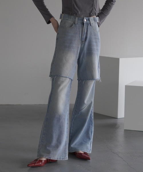 Clum(クルム)の「2Way Vintage make fake layered denim pants / 2Wayヴィンテージメイクフェイクレイヤードデニムパンツ(デニムパンツ・レディース・ブルー・SMALL/MEDIUM/LARGE)」の4枚目の写真