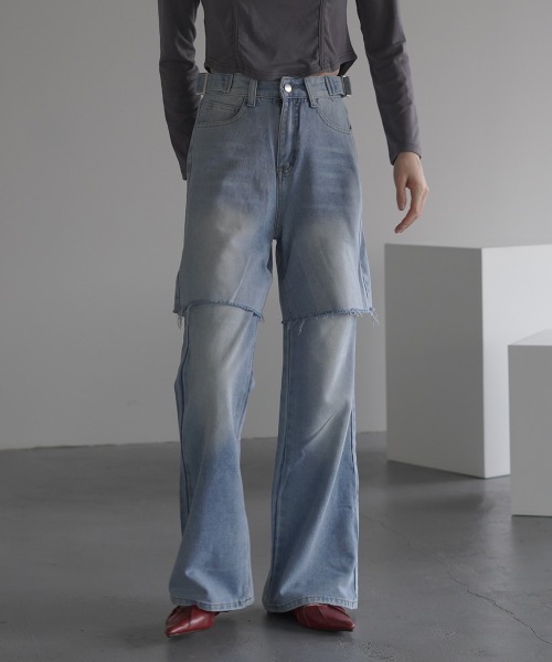 Clum(クルム)の「2Way Vintage make fake layered denim pants / 2Wayヴィンテージメイクフェイクレイヤードデニムパンツ(デニムパンツ・レディース・ブルー・SMALL/MEDIUM/LARGE)」の5枚目の写真