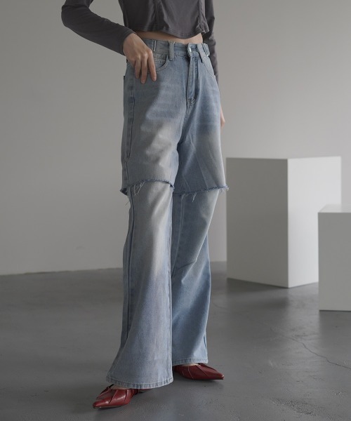 Clum(クルム)の「2Way Vintage make fake layered denim pants / 2Wayヴィンテージメイクフェイクレイヤードデニムパンツ(デニムパンツ・レディース・ブルー・SMALL/MEDIUM/LARGE)」の6枚目の写真