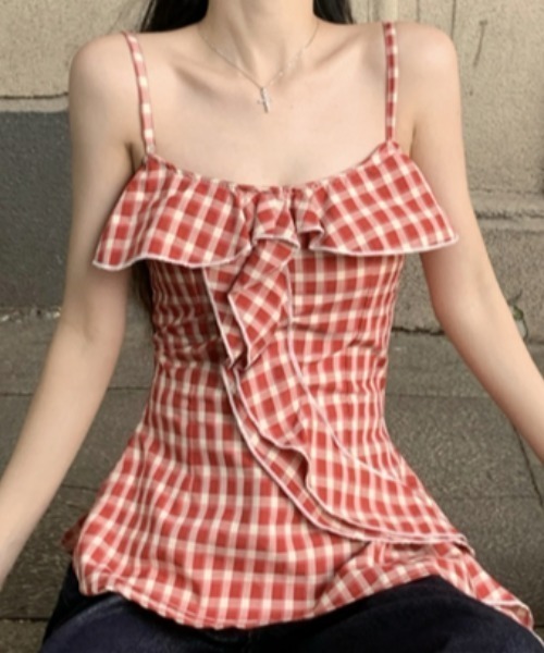 00s darkcore TRALALA系 ビッグリボンフリルチェックキャミ 00s